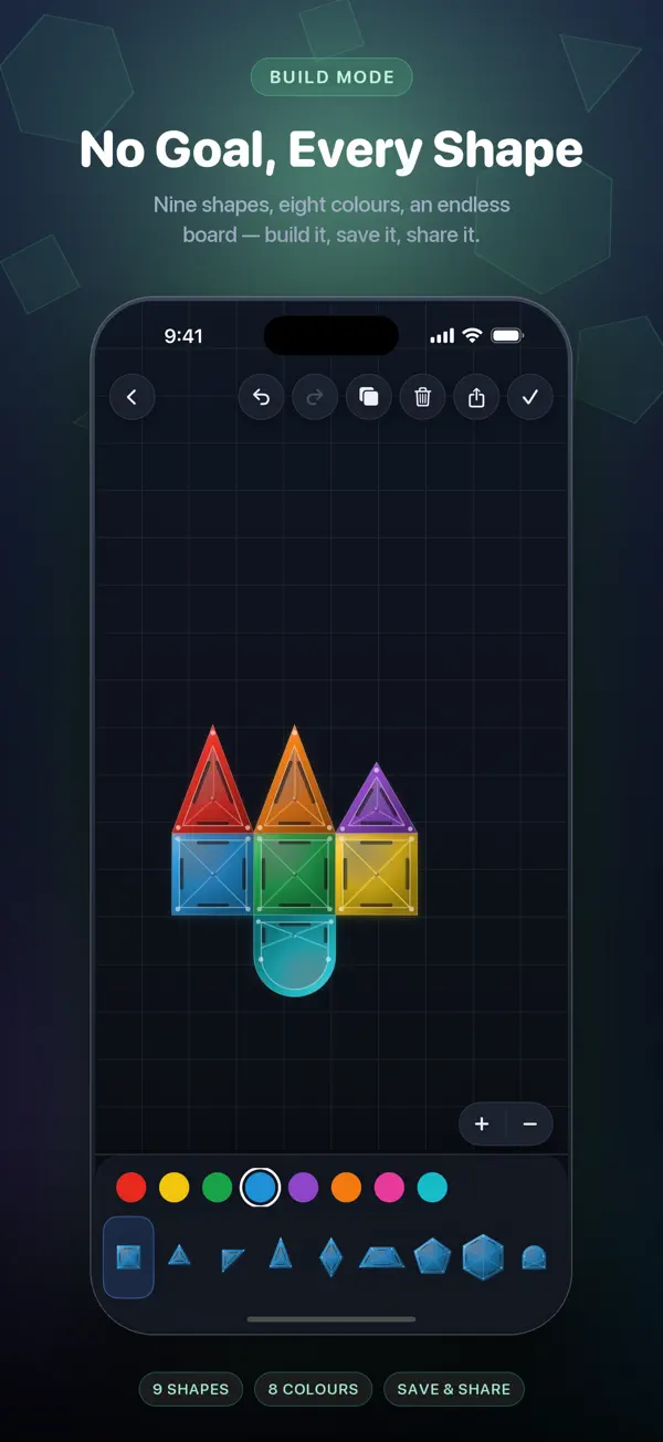 Build Mode ב־Magnetic Blocks: לוח יצירה חופשי עם צורות וצבעים