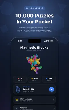 מסך הבית של Magnetic Blocks עם משחק, אתגר יומי ו־Build Mode