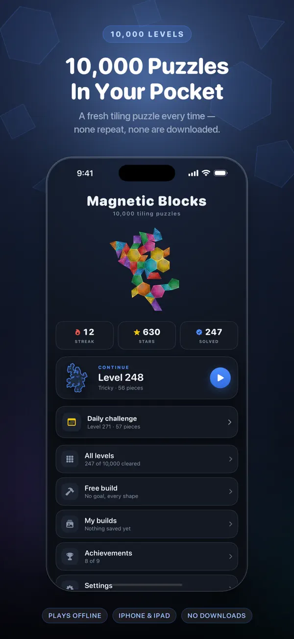 Magnetic Blocks 首页,包含开始游戏、每日挑战和建造模式