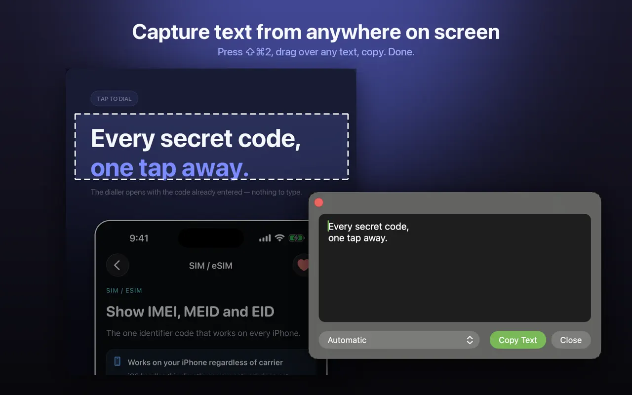 לכידת מסך מהירה מסרגל התפריטים ב־Picture to Text