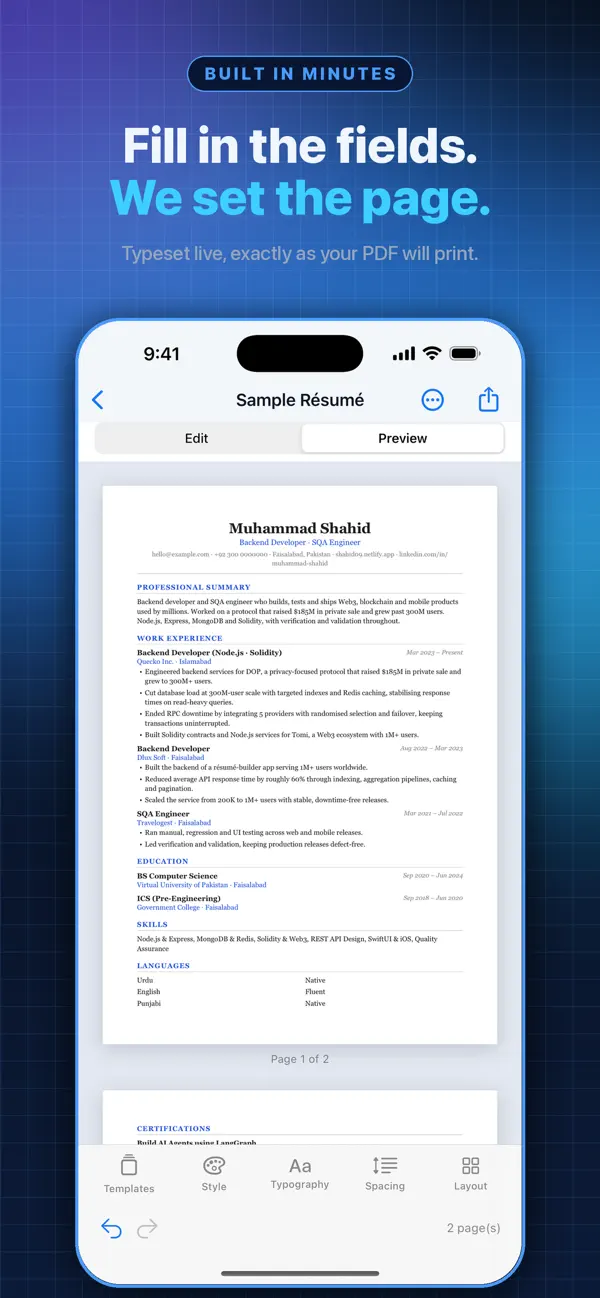 תצוגה מקדימה חיה ב־Resume Builder שתואמת ל־PDF המיוצא