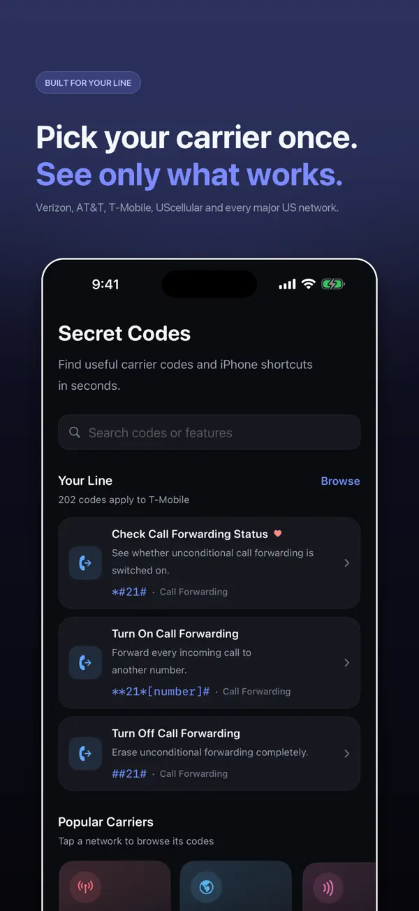 Secret Codes 首页，显示代码分类和 IMEI 快捷入口