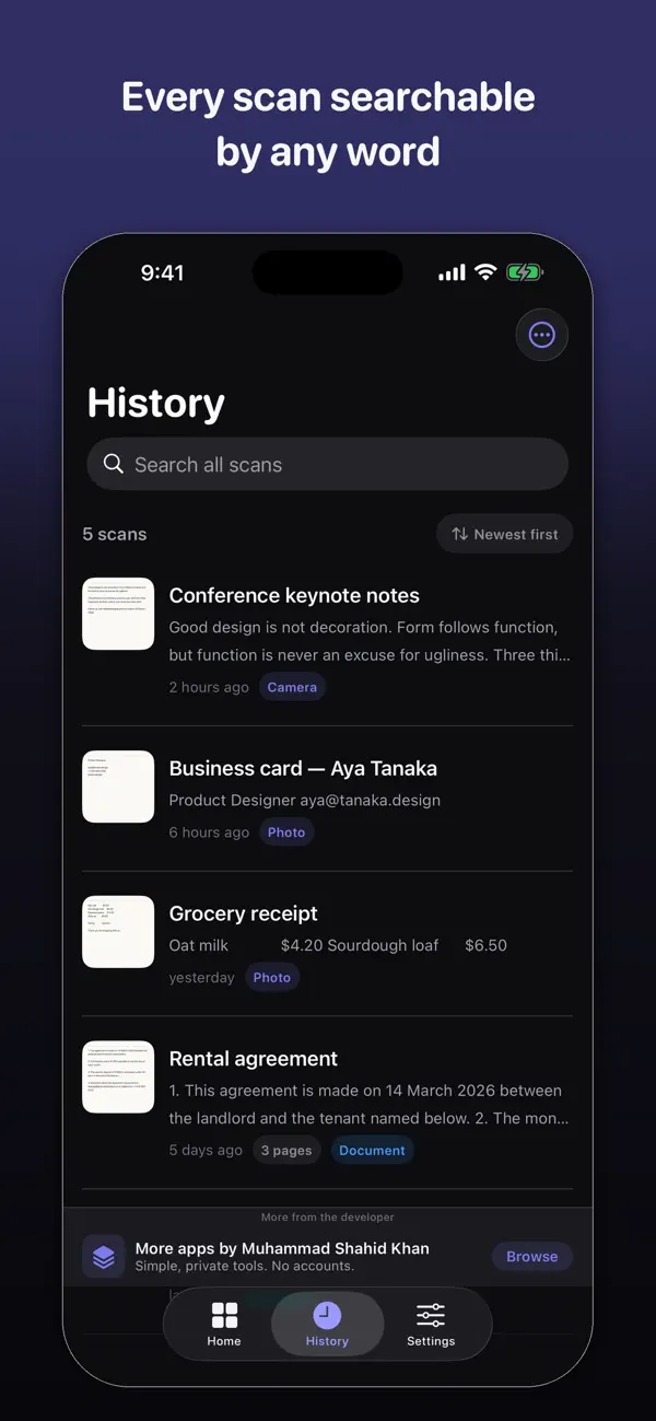 SnapText searchable history of saved scans
