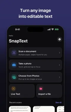 SnapText home screen with camera, scan and photo import options
