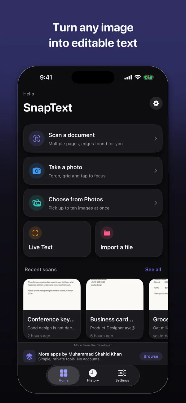 SnapText 首页，提供拍照、扫描和导入照片选项