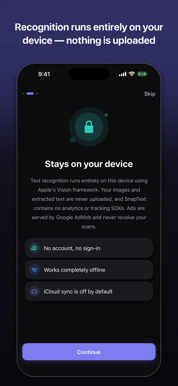 SnapText privacy screen: text recognition runs on device